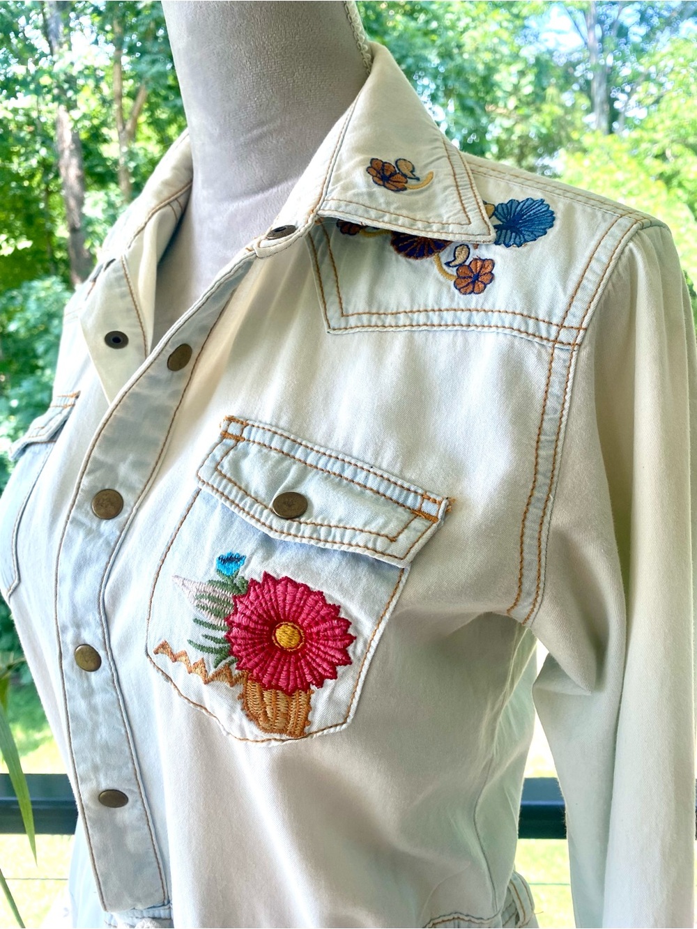 SPELL— Light Blue Embroidered Chambray Romper. Amazing piece & Festival ready !